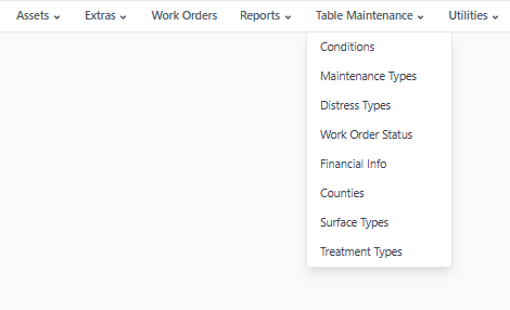 GROOM navigation — Table Maintenance admin section for managing conditions, maintenance types, and work order statuses